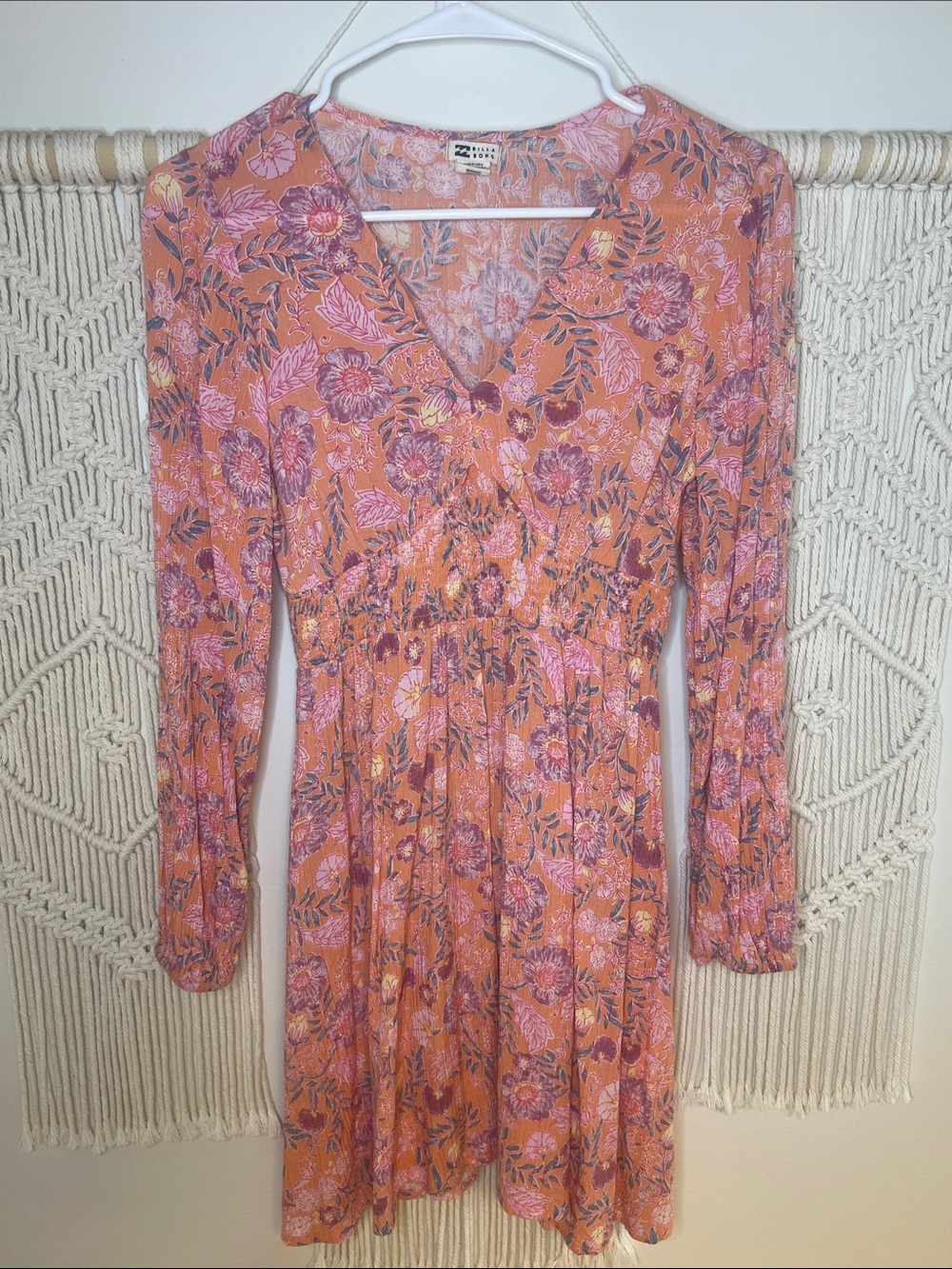 Billabong Pink and Orange Floral Long-Sleeve V-Neck Dress
